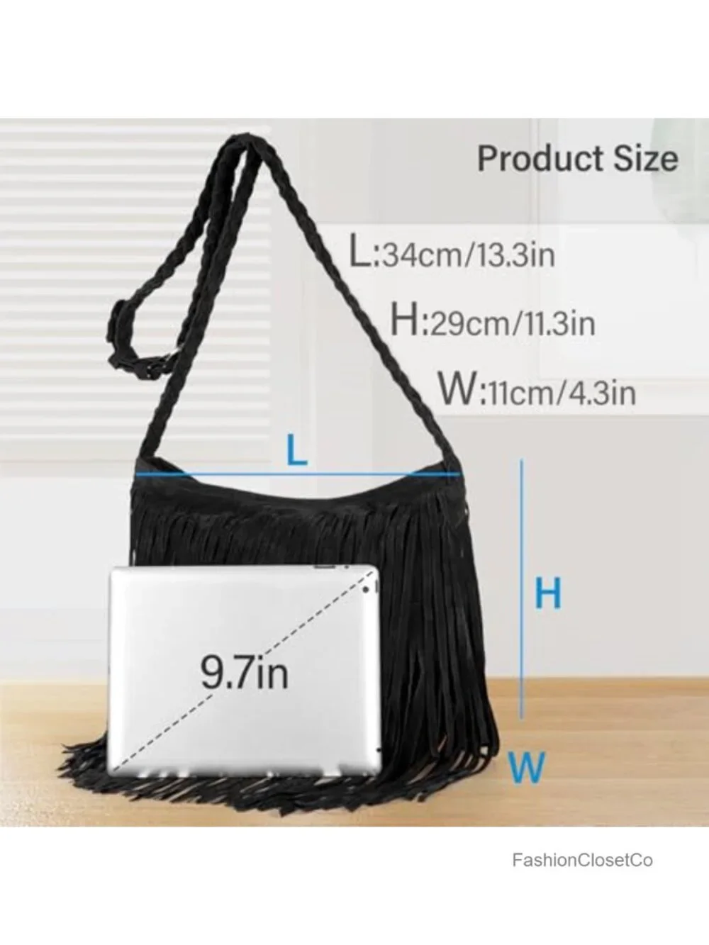 Large Tassels Fringe Crossbody Hobo Bag with Woven Shoulder Strap